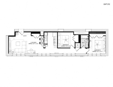 Floor plan for 2 beds, 1 bath, 976 sqft